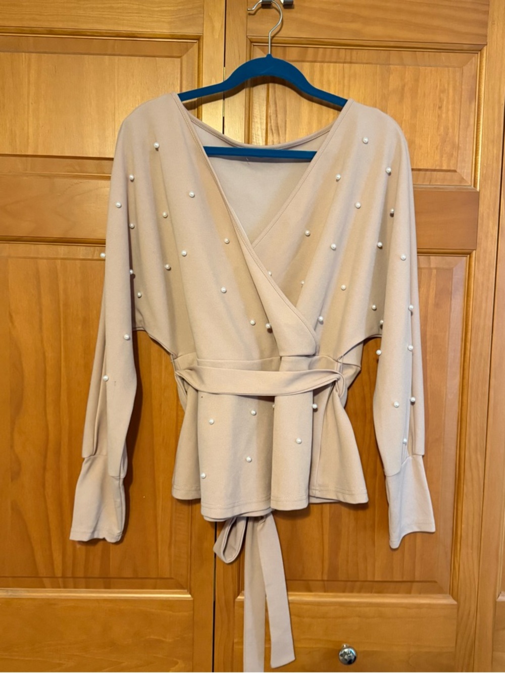 Pearl-Embellished Wrap Top in Pink with Belt